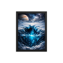 Europa cracked ice over hidden ocean darkness framed print on a plain backdrop in size 12"x16".