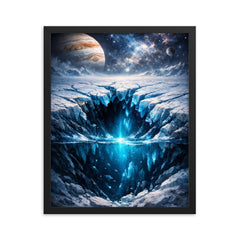 Europa cracked ice over hidden ocean darkness framed print on a plain backdrop in size 16"x20".