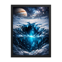 Europa cracked ice over hidden ocean darkness framed print on a plain backdrop in size 18"x24".
