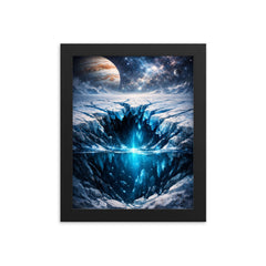 Europa cracked ice over hidden ocean darkness framed print on a plain backdrop in size 8"x10".
