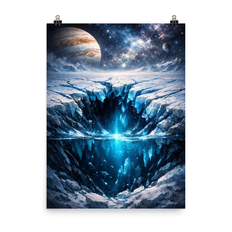 Europa cracked ice over hidden ocean darkness poster on a plain backdrop in size 8