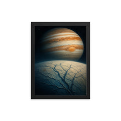 Europa cracked ice with Jupiter looming vast framed print on a plain backdrop in size 12"x16".