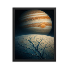 Europa cracked ice with Jupiter looming vast framed print on a plain backdrop in size 16"x20".