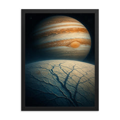 Europa cracked ice with Jupiter looming vast framed print on a plain backdrop in size 18"x24".