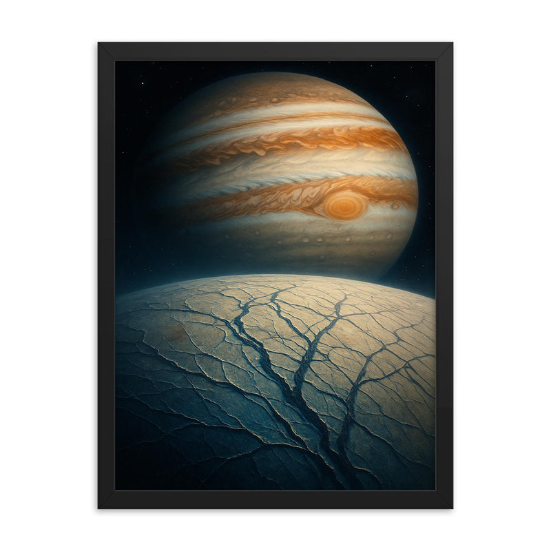 Europa cracked ice with Jupiter looming vast framed print on a plain backdrop in size 18