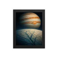 Europa cracked ice with Jupiter looming vast framed print on a plain backdrop in size 8"x10".