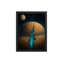 Europa ice fractures over hidden ocean glow framed print on a plain backdrop in size 12"x16".