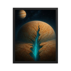 Europa ice fractures over hidden ocean glow framed print on a plain backdrop in size 16"x20".