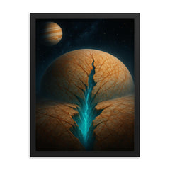 Europa ice fractures over hidden ocean glow framed print on a plain backdrop in size 18"x24".