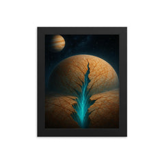 Europa ice fractures over hidden ocean glow framed print on a plain backdrop in size 8"x10".
