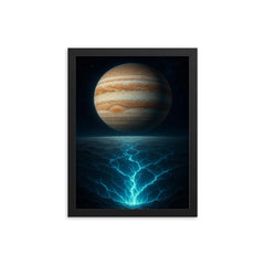 Europa under Jupiter with cracked ice glow framed print on a plain backdrop in size 12"x16".