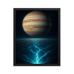 Europa under Jupiter with cracked ice glow framed print on a plain backdrop in size 16"x20".
