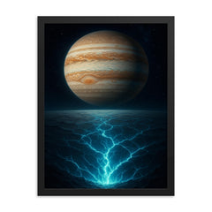 Europa under Jupiter with cracked ice glow framed print on a plain backdrop in size 18"x24".