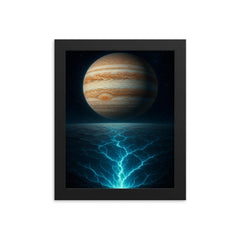 Europa under Jupiter with cracked ice glow framed print on a plain backdrop in size 8"x10".