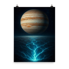 Europa under Jupiter with cracked ice glow poster on a plain backdrop in size 8"x10".