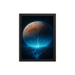 Europa's cracked ice glowing over subsurface ocean framed print on a plain backdrop in size 12"x16".