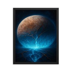 Europa's cracked ice glowing over subsurface ocean framed print on a plain backdrop in size 16"x20".