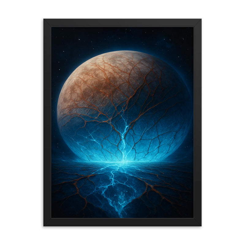 Europa's cracked ice glowing over subsurface ocean framed print on a plain backdrop in size 18