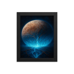 Europa's cracked ice glowing over subsurface ocean framed print on a plain backdrop in size 8"x10".