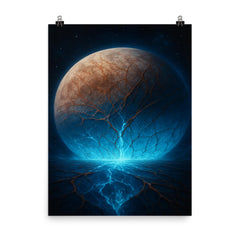 Europa's cracked ice glowing over subsurface ocean poster on a plain backdrop in size 8"x10".