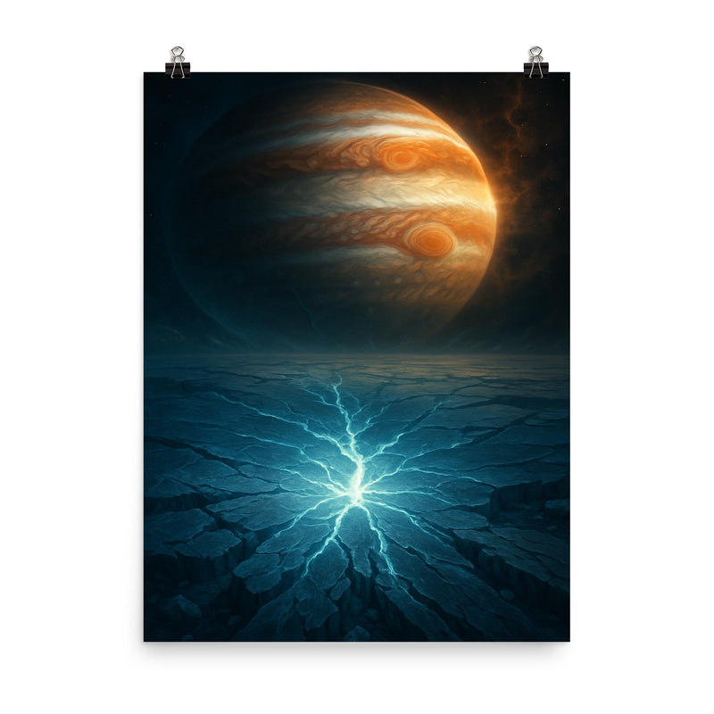 Europa's cracked ice under Jupiter stormlight poster on a plain backdrop in size 8