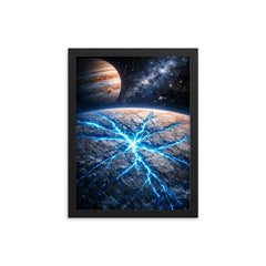 Europa's ice fractures glowing electric blue framed print on a plain backdrop in size 12"x16".