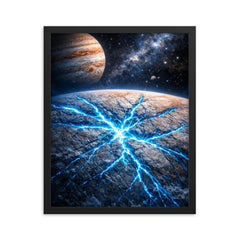 Europa's ice fractures glowing electric blue framed print on a plain backdrop in size 16"x20".
