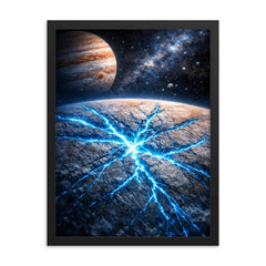 Europa's ice fractures glowing electric blue framed print on a plain backdrop in size 18"x24".