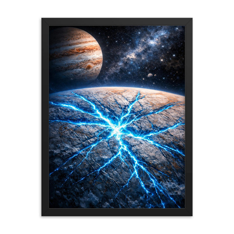 Europa's ice fractures glowing electric blue framed print on a plain backdrop in size 18