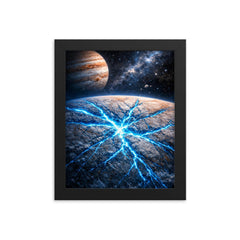 Europa's ice fractures glowing electric blue framed print on a plain backdrop in size 8"x10".