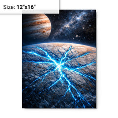 Europa's ice fractures glowing electric blue metal print on a plain backdrop in size 12"x16".