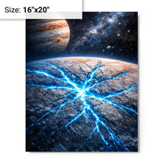 Europa's ice fractures glowing electric blue metal print on a plain backdrop in size 16"x20".