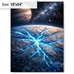 Europa's ice fractures glowing electric blue metal print on a plain backdrop in size 18"x24".