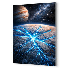 Europa's ice fractures glowing electric blue metal print mockup