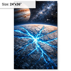 Europa's ice fractures glowing electric blue metal print on a plain backdrop in size 24"x36".