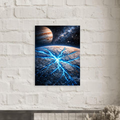 Europa's ice fractures glowing electric blue metal print mockup
