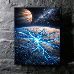 Europa's ice fractures glowing electric blue metal print mockup