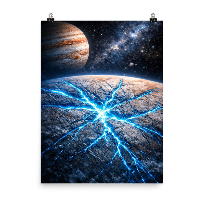 Europa's ice fractures glowing electric blue poster on a plain backdrop in size 8