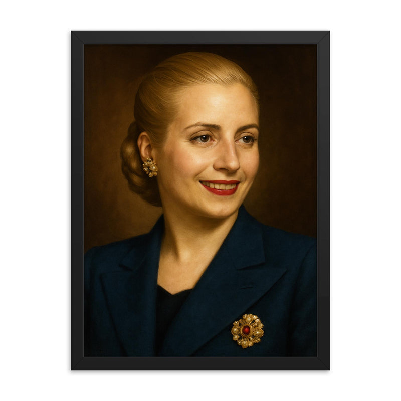 Eva Peron portrait framed print on a plain backdrop in size 18
