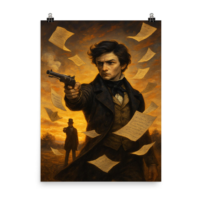Evariste Galois duel dawn with algebra pages fluttering poster on a plain backdrop in size 8