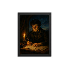 Evariste Galois writing all night before dawn duel framed print on a plain backdrop in size 12"x16".