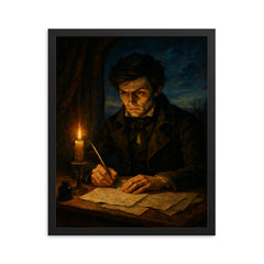 Evariste Galois writing all night before dawn duel framed print on a plain backdrop in size 16"x20".
