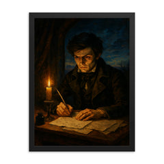 Evariste Galois writing all night before dawn duel framed print on a plain backdrop in size 18"x24".
