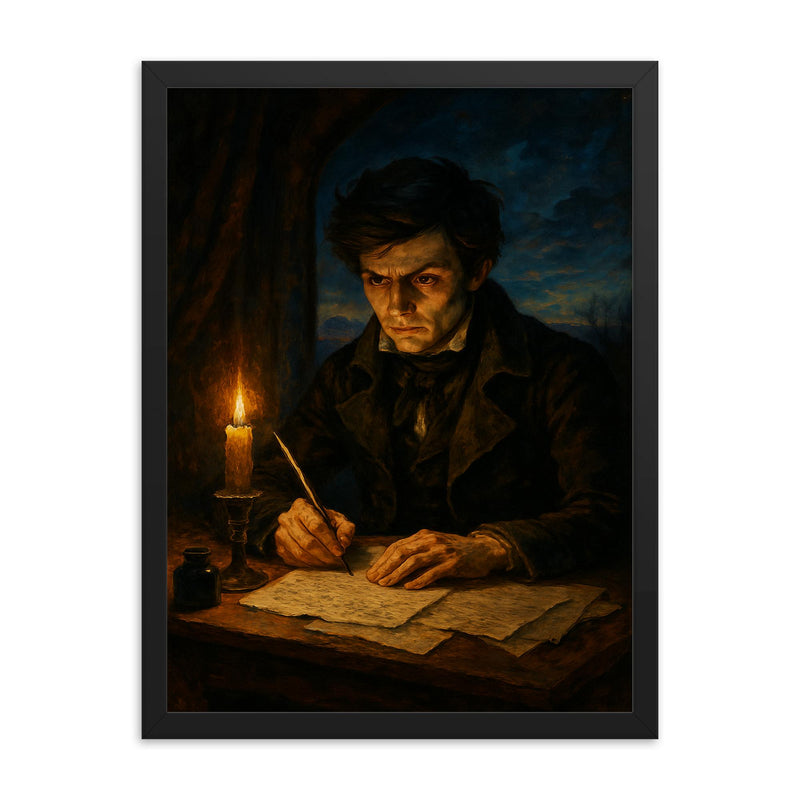 Evariste Galois writing all night before dawn duel framed print on a plain backdrop in size 18