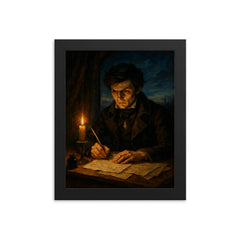 Evariste Galois writing all night before dawn duel framed print on a plain backdrop in size 8"x10".