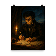Evariste Galois writing all night before dawn duel poster on a plain backdrop in size 8"x10".