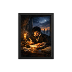 Evariste Galois writing before dawn duel framed print on a plain backdrop in size 12"x16".