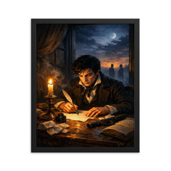 Evariste Galois writing before dawn duel framed print on a plain backdrop in size 16"x20".