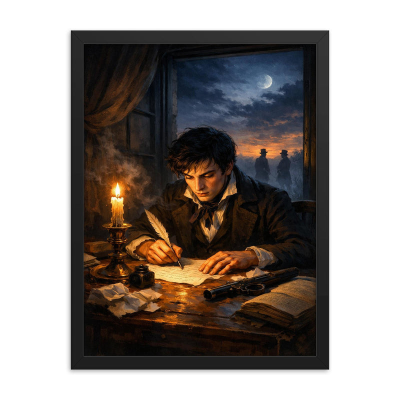 Evariste Galois writing before dawn duel framed print on a plain backdrop in size 18