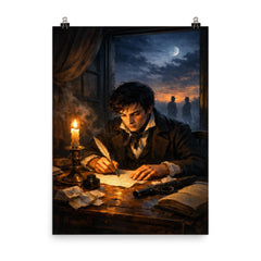 Evariste Galois writing before dawn duel poster on a plain backdrop in size 8"x10".